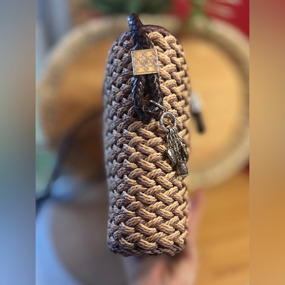 Brighton Woven Beige Brown Rattan Basket Purse Bag Leather Straps Silver Charms - Picture 10 of 13
